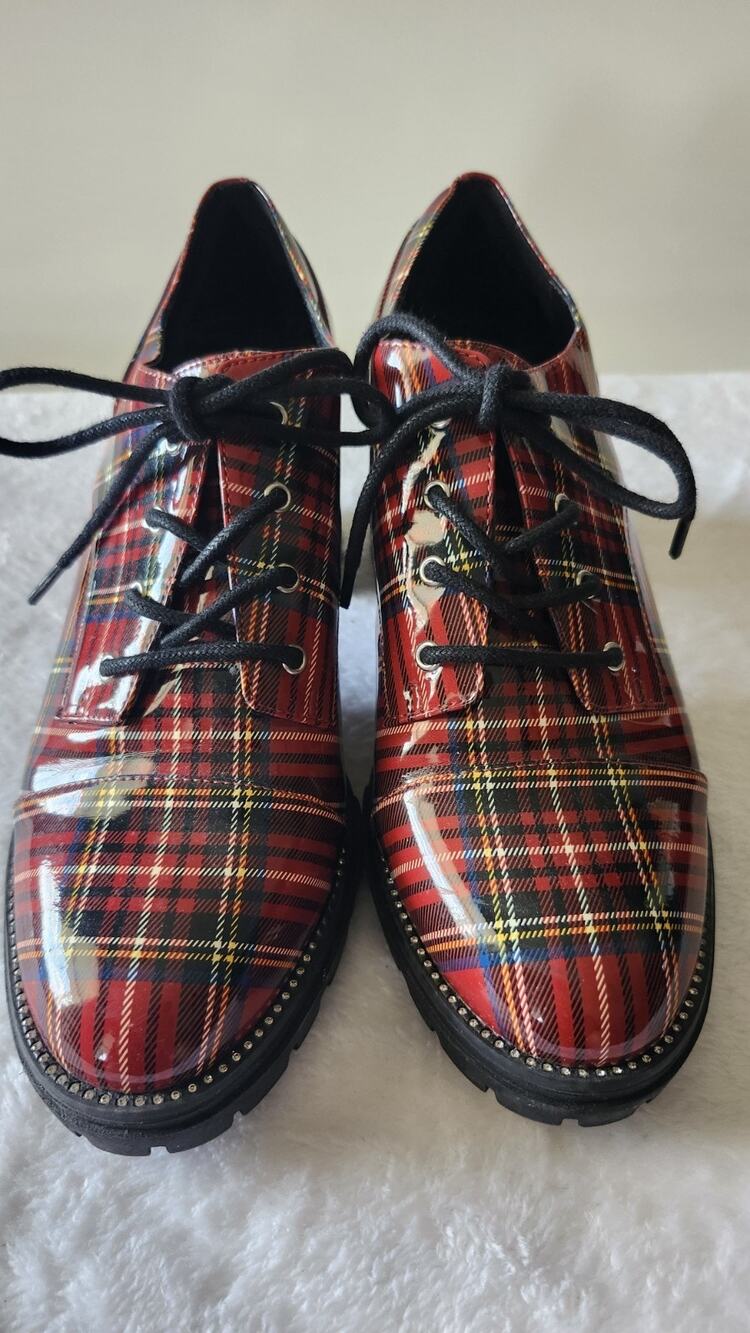 Jessica Simpson Resina Red Plaid Chunky Heel Oxford Lace-Up Platform 8.5M S18